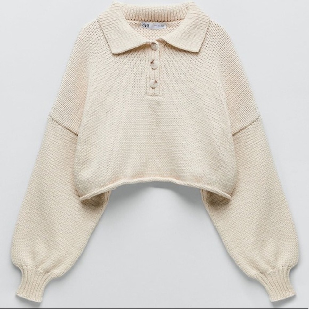 Zara Cropped Knit Sweater in Beige / Cream / Tan